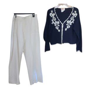 Grace Elements 55% Linen Pants & Vintage Embroidered R & K Originals Cardigan